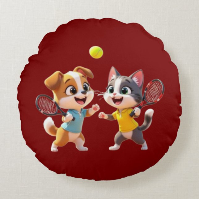 Cute Cartoon Dog and Cat Playing Padel Tennis – Fu Round Pillow (Front)