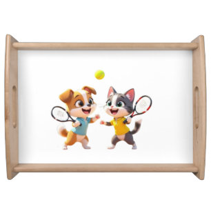 Cute Cartoon Dog and Cat Playing Padel Tennis – Fu Serving Tray