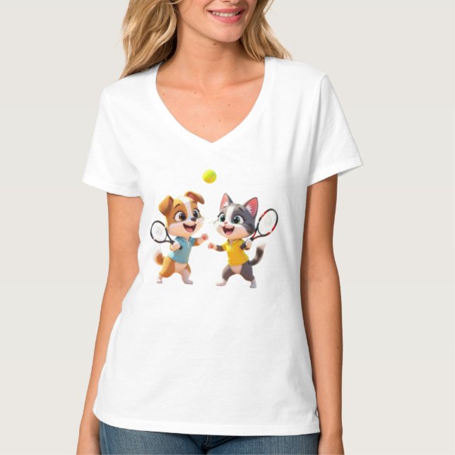 Cute Cartoon Dog and Cat Playing Padel Tennis – Fu T-Shirt (Front)