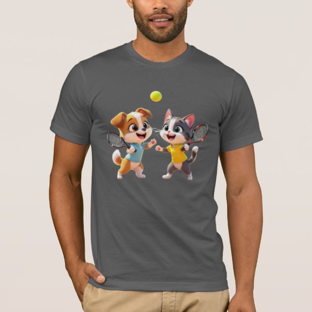 Cute Cartoon Dog and Cat Playing Padel Tennis – Fu T-Shirt (Front)