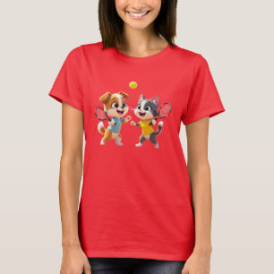 Cute Cartoon Dog and Cat Playing Padel Tennis – Fu T-Shirt