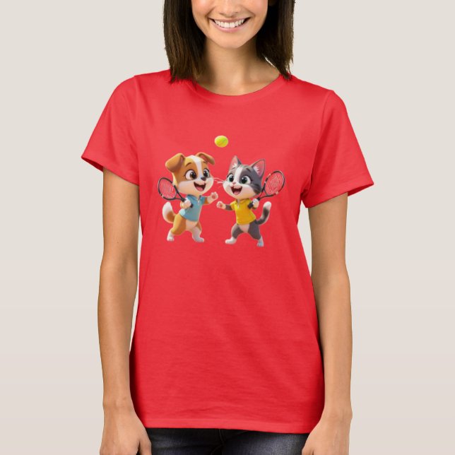 Cute Cartoon Dog and Cat Playing Padel Tennis – Fu T-Shirt (Front)