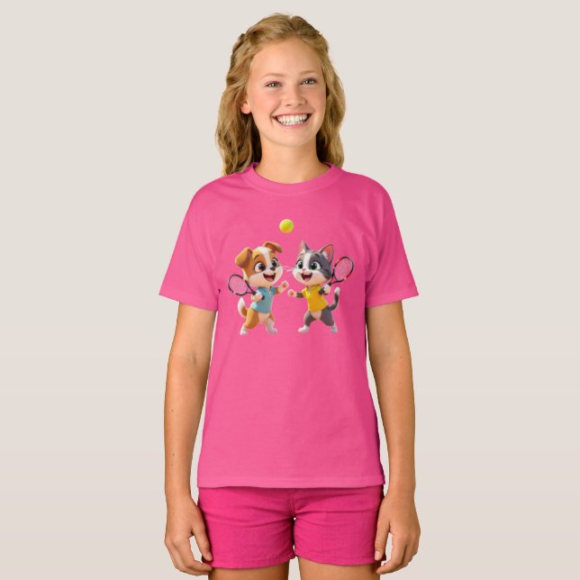 Cute Cartoon Dog and Cat Playing Padel Tennis – Fu T-Shirt (Front Full)