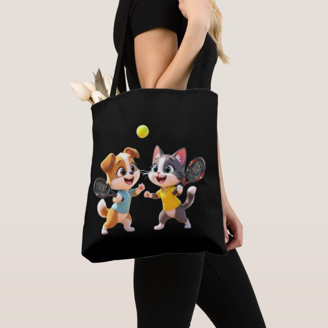 Cute Cartoon Dog and Cat Playing Padel Tennis – Fu Tote Bag (Close Up)