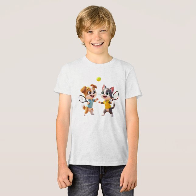 Cute Cartoon Dog and Cat Playing Padel Tennis – Fu Tri-Blend Shirt (Front Full)
