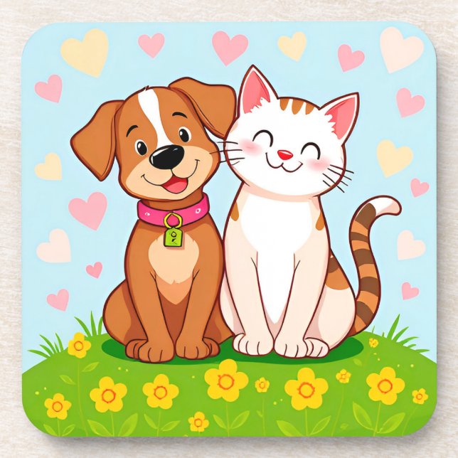 Cute Cartoon Dog and Cat Sitting Together Beverage Coaster (Front)