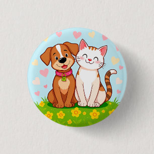 Cute Cartoon Dog and Cat Sitting Together Button