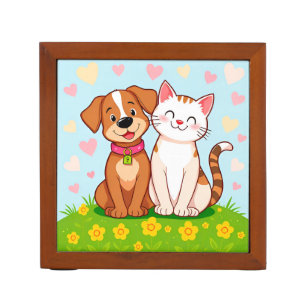 Cute Cartoon Dog and Cat Sitting Together Desk Organizer