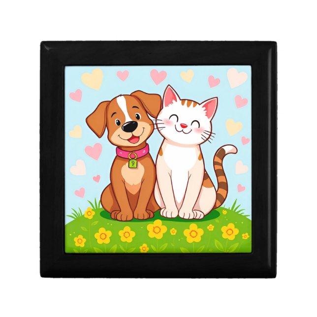 Cute Cartoon Dog and Cat Sitting Together Gift Box (Front)
