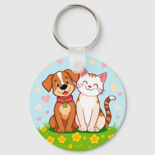 Cute Cartoon Dog and Cat Sitting Together Keychain