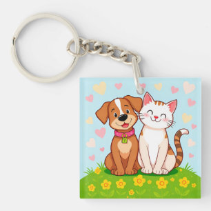 Cute Cartoon Dog and Cat Sitting Together Keychain