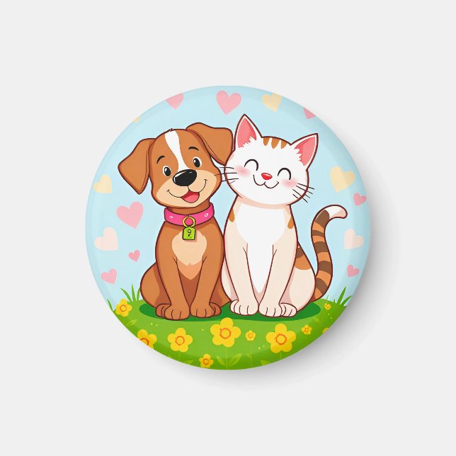 Cute Cartoon Dog and Cat Sitting Together Magnet (Front)