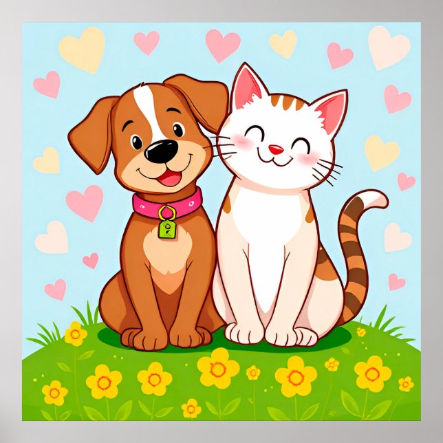 Cute Cartoon Dog and Cat Sitting Together Poster (Front)