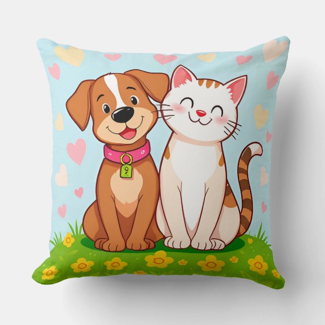 Cute Cartoon Dog and Cat Sitting Together Throw Pillow (Front)