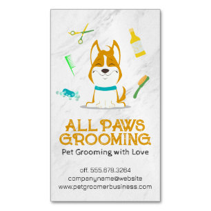 Cute Cartoon Dog and Grooming Tools Business Card Magnet