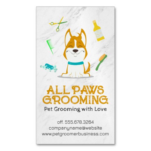 Cute Cartoon Dog and Grooming Tools Business Card Magnet