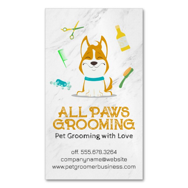 Cute Cartoon Dog and Grooming Tools Business Card Magnet (Front Vertical)