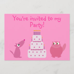 Cute Cartoon Dog, Cat & Cake Custom Pink Party Invitation