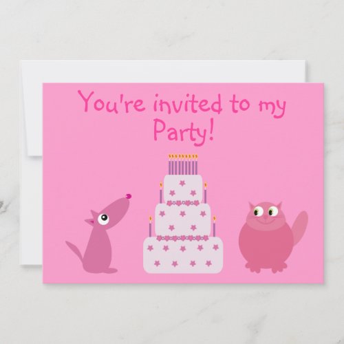 Cute Cartoon Dog, Cat &amp; Cake Custom Pink Party Custom Invites