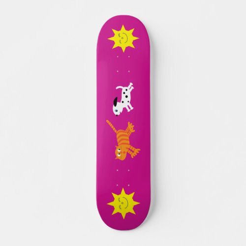 Cute Cartoon Dog Chasing Cat Pink Skateboard