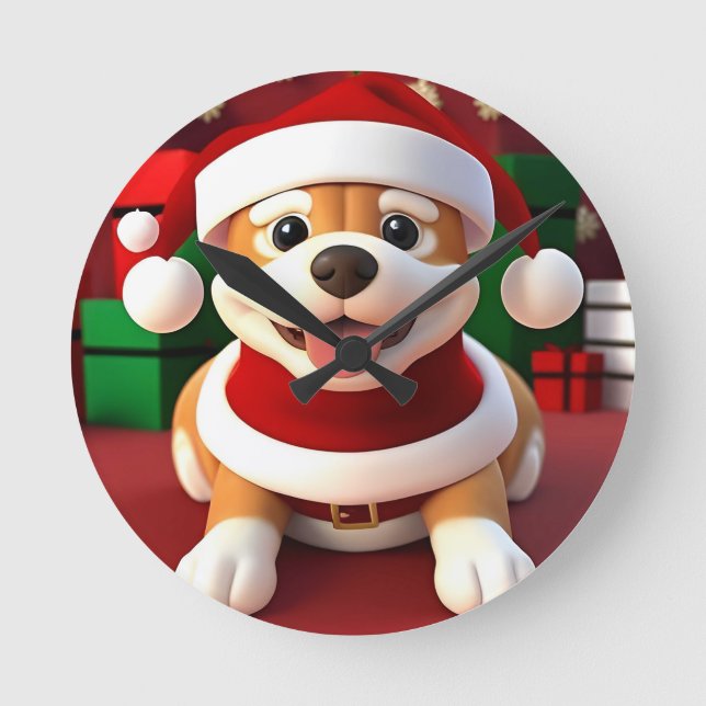 Cute Cartoon Dog in Santa Outfit  Round Clock (Front)