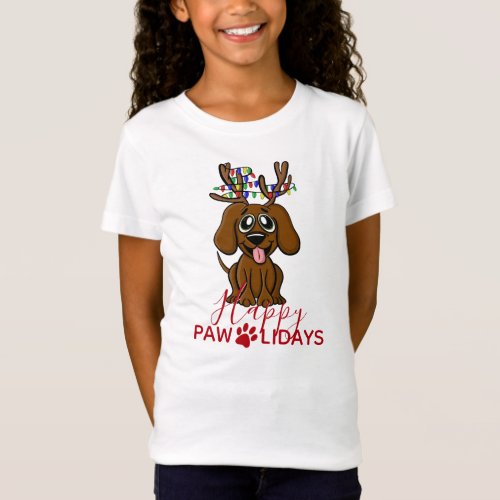 Cute Cartoon Dog Reindeer Antlers Christmas Lights T_Shirt