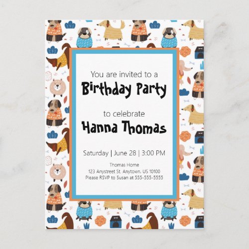 Cute Cartoon Dog Theme Birthday Party Invitation Postcard