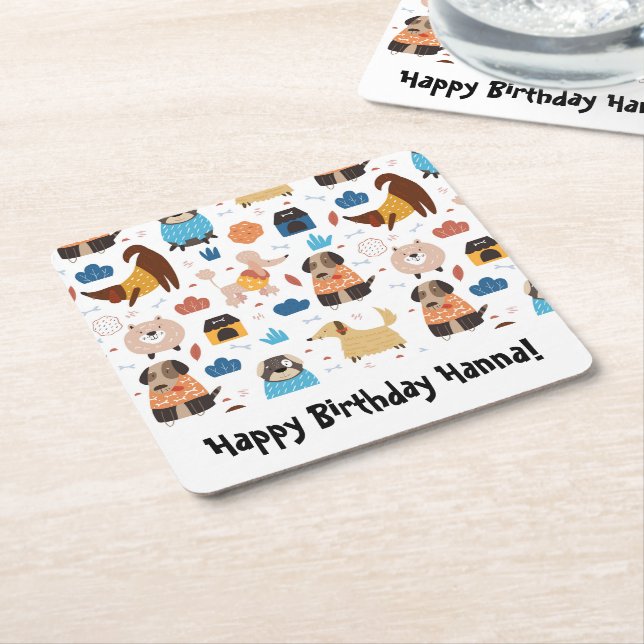 Cute Cartoon Dog Theme Birthday Party Square Paper Coaster (Angled)