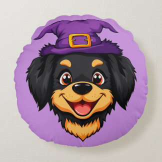 Cute Cartoon Dog Wearing a Purple Witch Hat Round Pillow