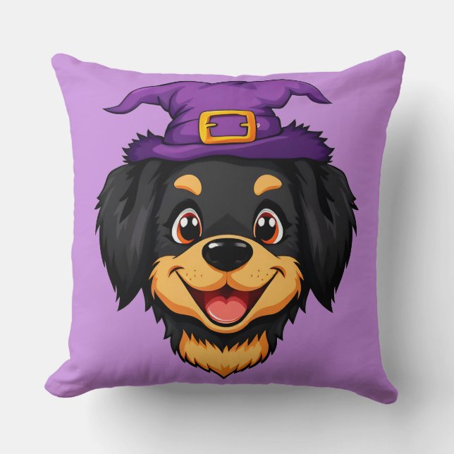 Cute Cartoon Dog Wearing a Purple Witch Hat Throw Pillow (Front)