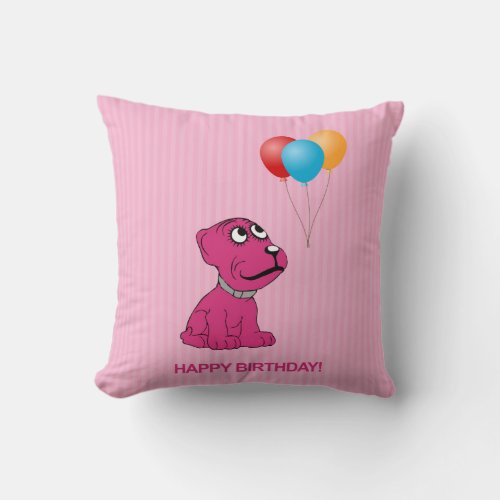Cute Cartoon Dog with Balloons Happy Birthday Throw Pillow