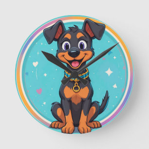 Cute Cartoon Dog With Collar Round Clock
