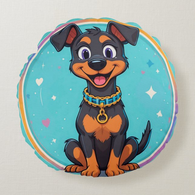 Cute Cartoon Dog With Collar Round Pillow (Front)