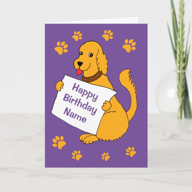 Cute Cartoon Dog with Message Purple Birthday Card (Front)