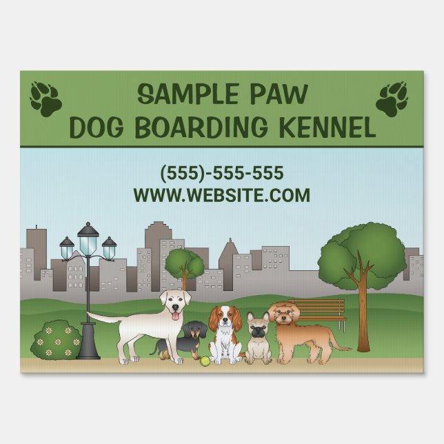 Cute Cartoon Dogs In A Park - Dog Boarding Kennel Sign (Front)