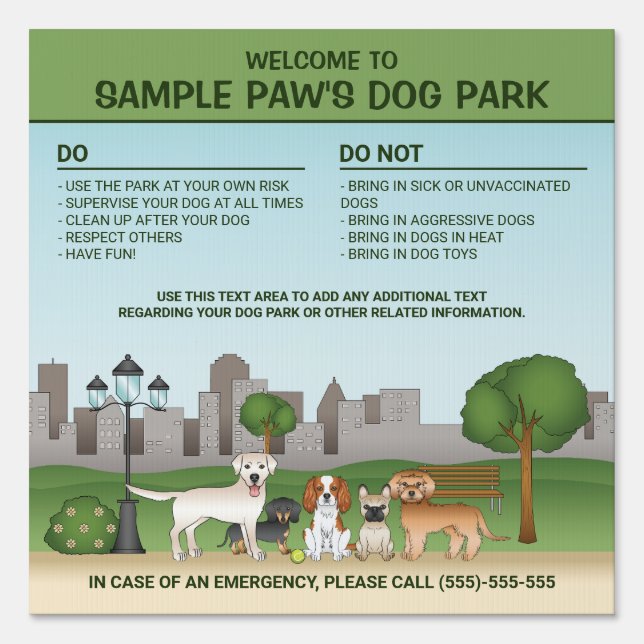 Cute Cartoon Dogs In A Park - Dog Park Rules Sign (Front)