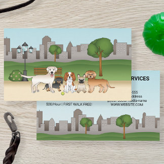 Cute Cartoon Dogs In A Park - Dog Walking Services Business Card