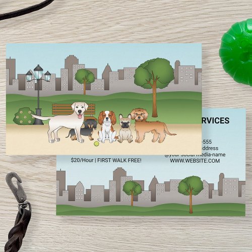 Cute Cartoon Dogs In A Park _ Dog Walking Services Business Card