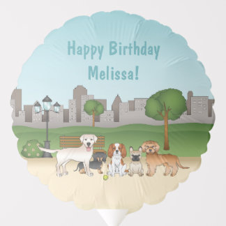 Cute Cartoon Dogs In A Park Happy Birthday Balloon