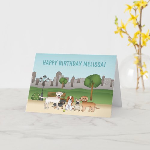 Cute Cartoon Dogs In A Park Happy Birthday Card