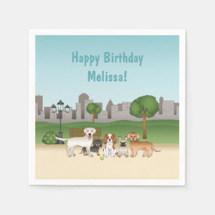 Cute Cartoon Dogs In A Park Happy Birthday Napkins