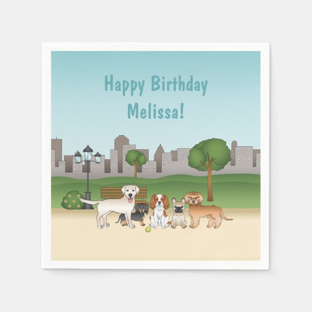 Cute Cartoon Dogs In A Park Happy Birthday Napkins (Front)