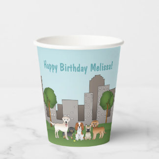Cute Cartoon Dogs In A Park Happy Birthday Paper Cups