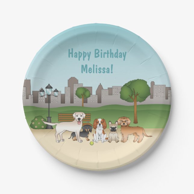 Cute Cartoon Dogs In A Park Happy Birthday Paper Plates (Front)