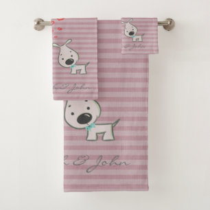 Cute Cartoon Dogs In Love,Stripes -Personalized Bath Towel Set