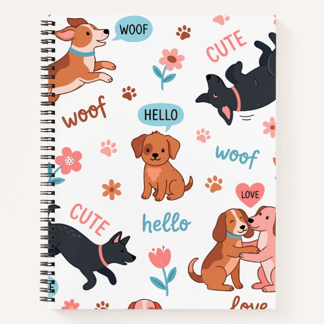 Cute Cartoon Dogs Playful Summer Aesthetic Pattern Notebook (Front)