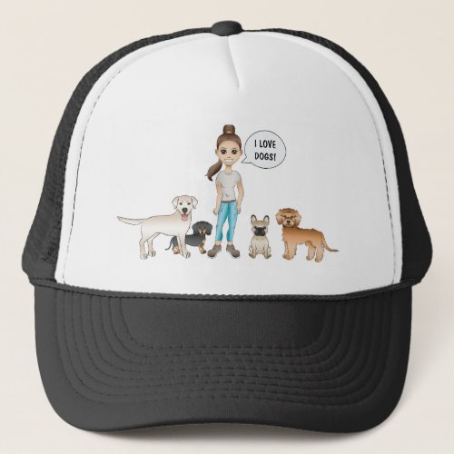 Cute Cartoon Dogs With A Cartoon Girl I Love Dogs Trucker Hat