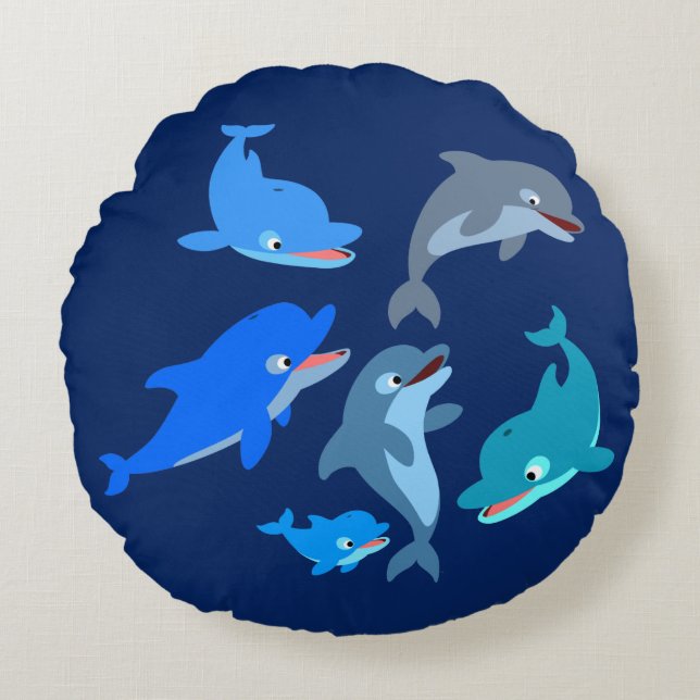 Cute Cartoon Dolphin Pod Round Pillow (Front)