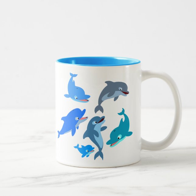 Cute Cartoon Dolphin Pod Two-Tone Coffee Mug (Right)