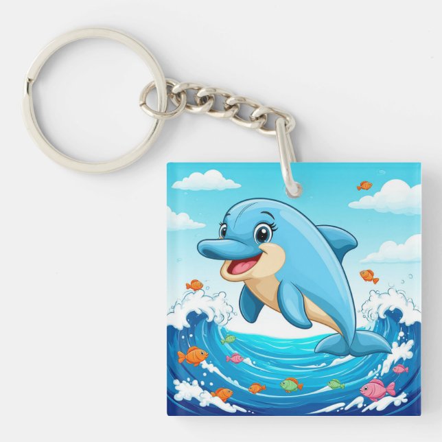 Cute Cartoon Dolphin Splashing in Water Keychain (Front)